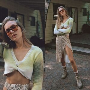 For Love & Lemons Yellow Green Knitted Crop Celeste Sweater
